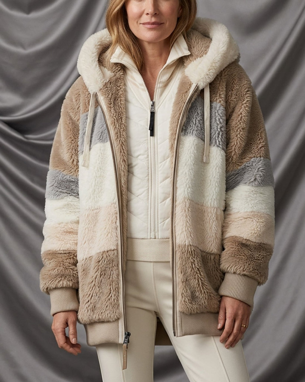 Léa Cozy Full-Zip Color Block Plush Coat