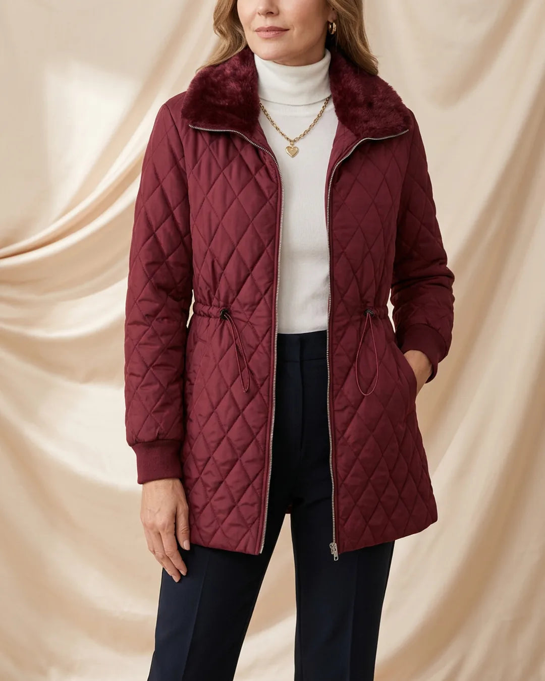 Léa Diamond Quilted Cinched Winter Jacket with Plush Collar