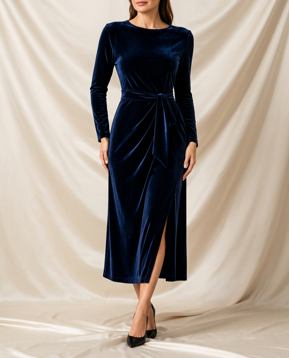 Léa Velvet Tie Front Side Slit Midi Dress