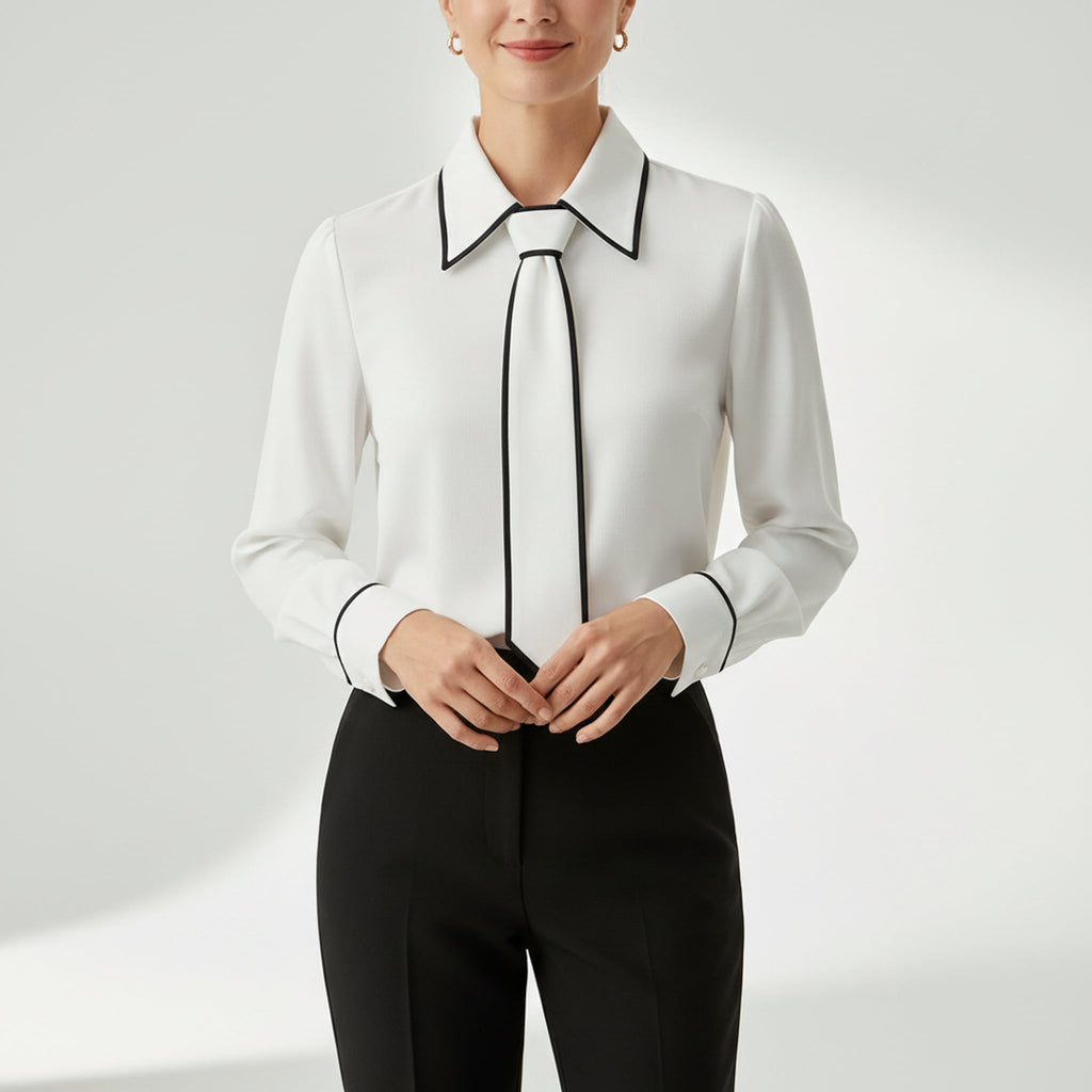 Léa Contrast Tie-Front Business Casual Blouse