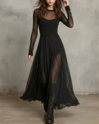 Odessa Sheer Mesh Sleeve A-Line Midi Dress