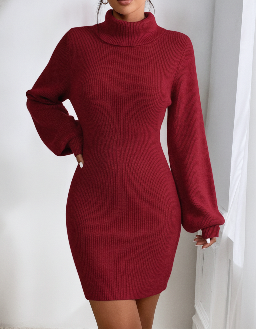 Penelope Ribbed Knit Turtleneck Mini Dress