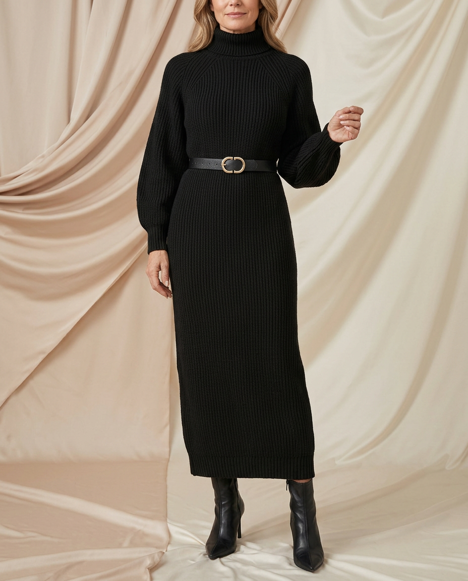 Rosella Ribbed Knit Midi Turtleneck Dress
