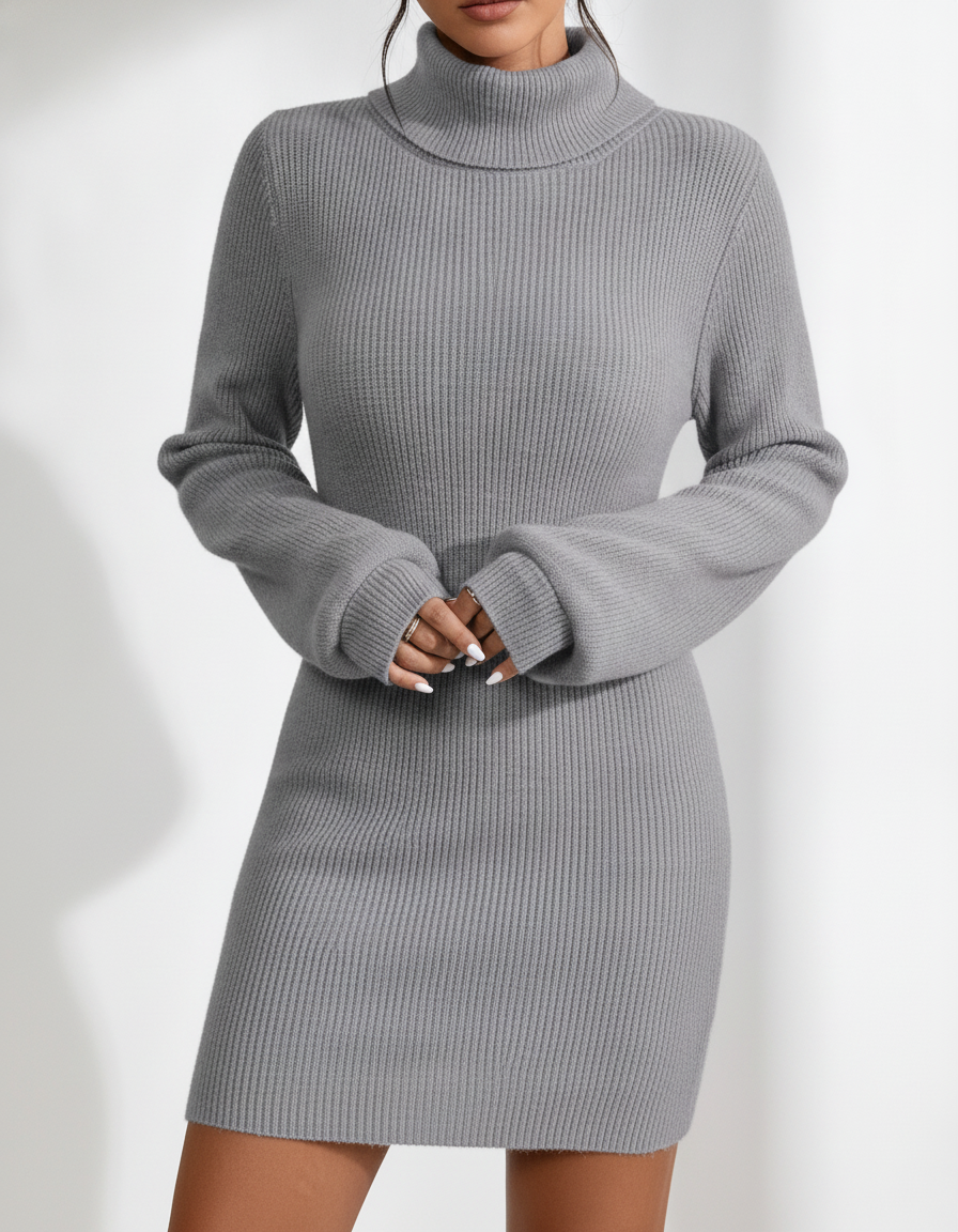 Penelope Ribbed Knit Turtleneck Mini Dress