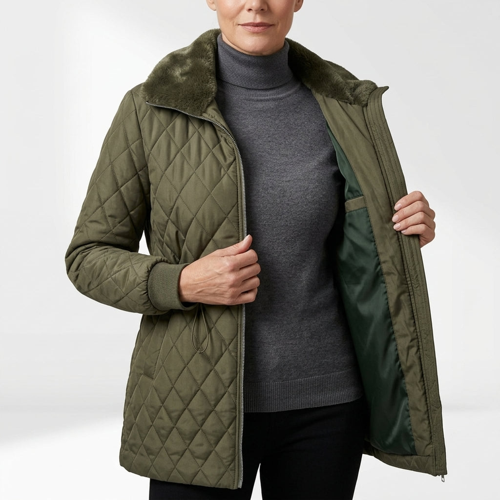 Léa Diamond Quilted Cinched Winter Jacket with Plush Collar