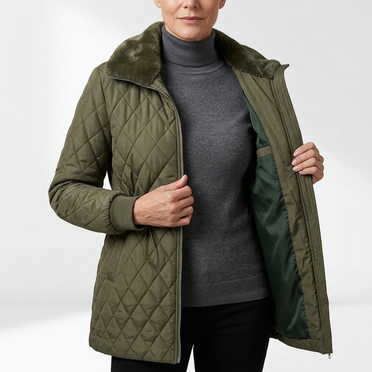 Léa Diamond Quilted Cinched Winter Jacket with Plush Collar