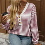 Léa Striped V-Neck Knit Long Sleeve Top