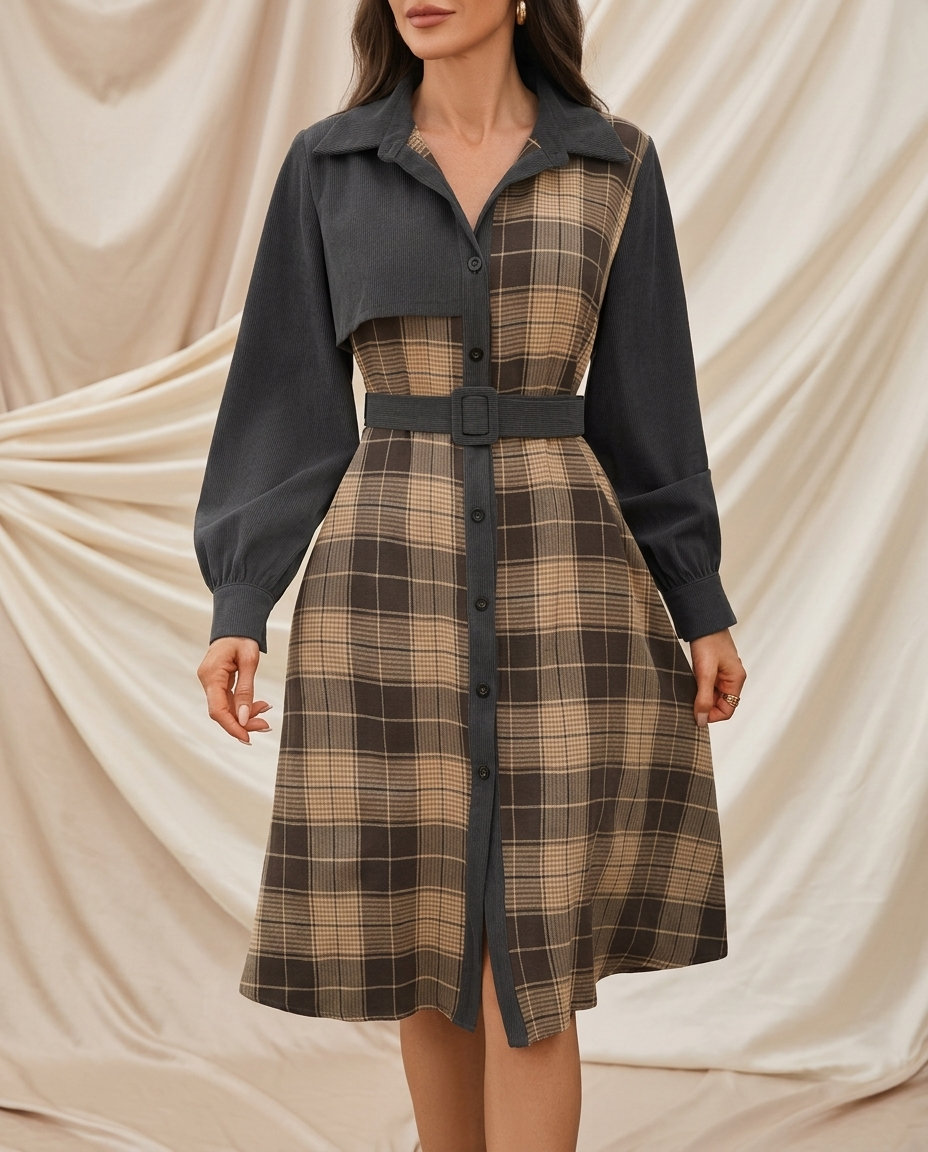 Léa Vintage Plaid Patchwork Midi Dress