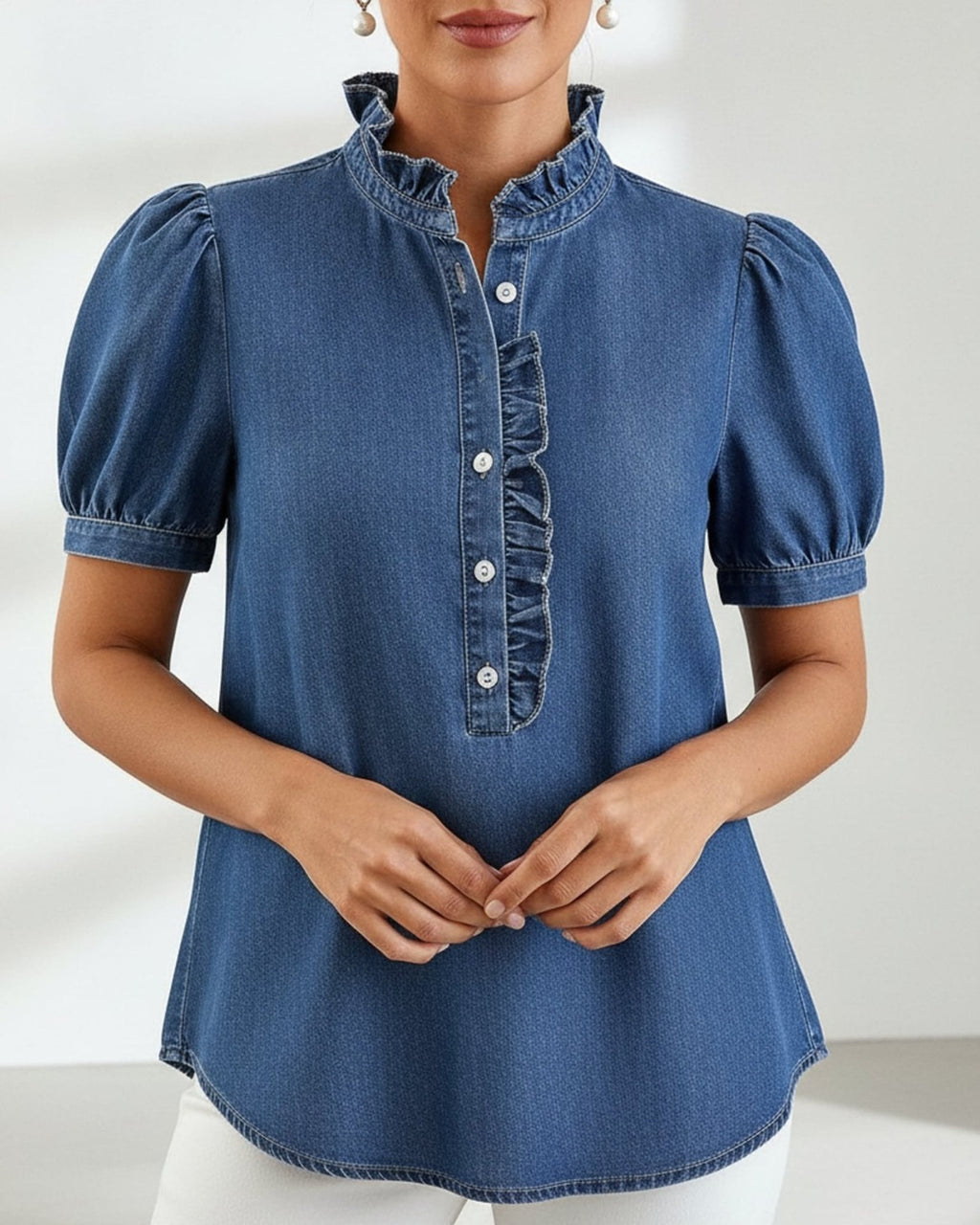 Léa Washed Denim Ruffle Blouse