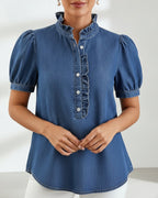 Léa Washed Denim Ruffle Blouse