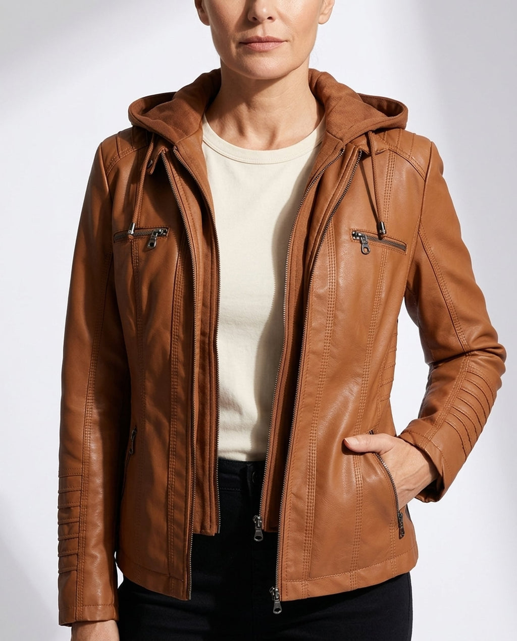Léa Vintage Hooded Vegan Leather Moto Jacket