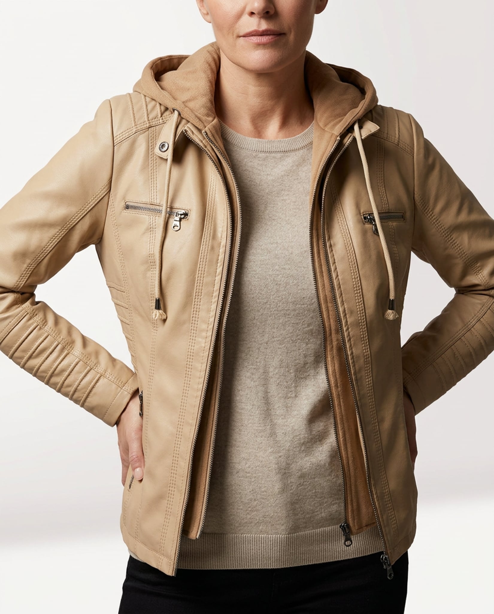 Léa Vintage Hooded Vegan Leather Moto Jacket