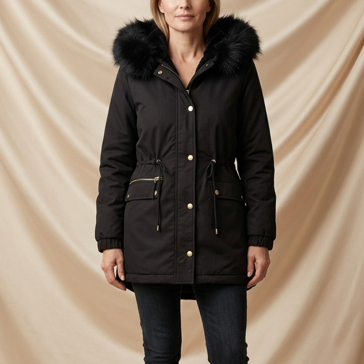Léa Faux Fur Hooded Cinched Waist Parka