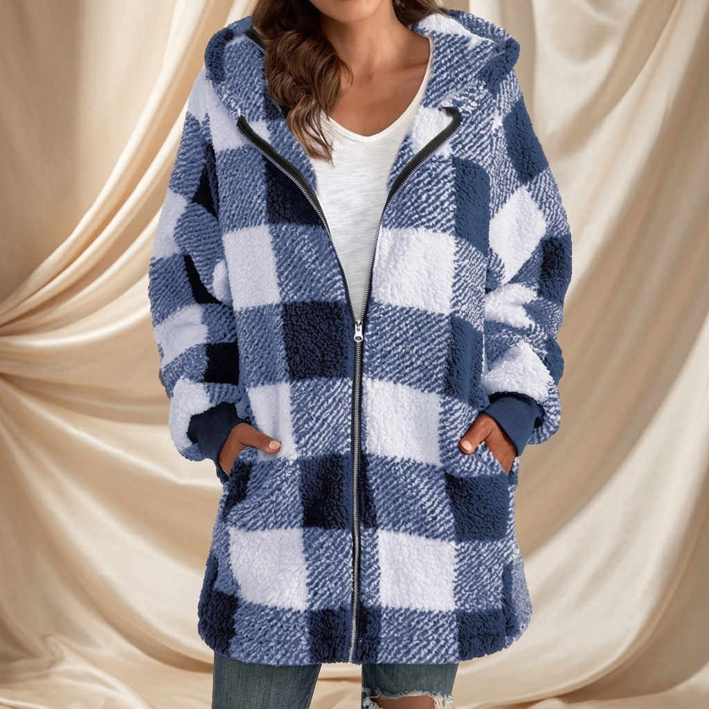 Luciel Plush Longline Hooded Plaid Jacket